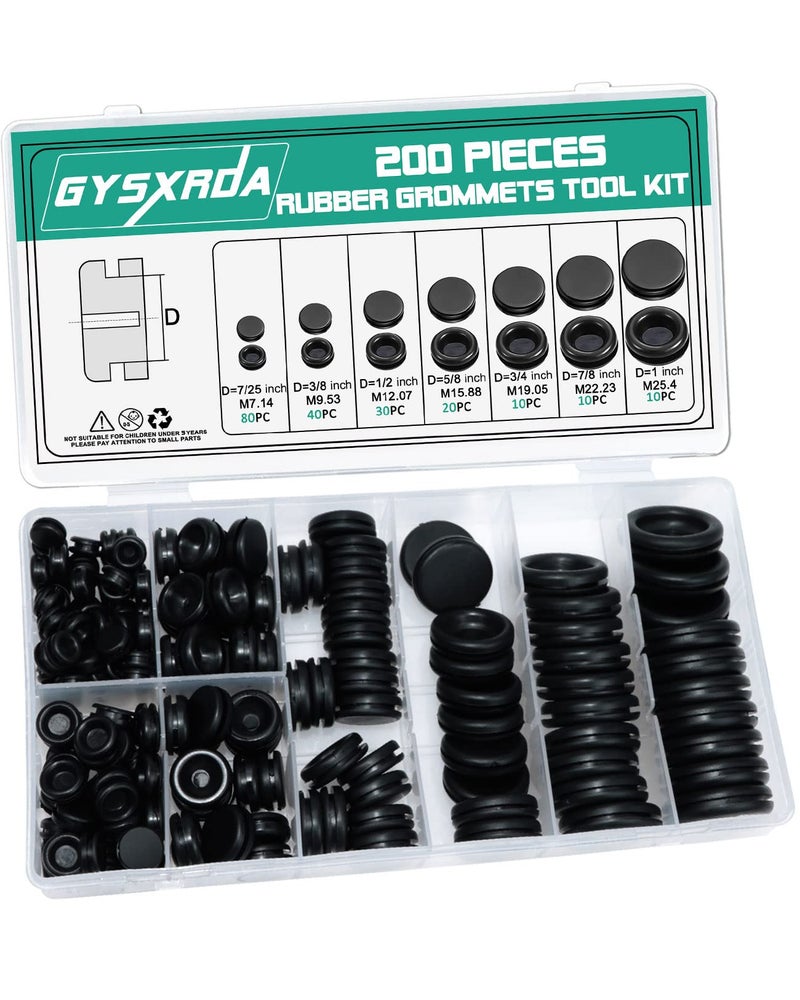 Gysxrda Rubber Grommet Kit 200 Pack - 7 Sizes Firewall Rubber Hole Plugs Rubber Grommets for Wiring  Automotive  Home Improvement Cord Pipe Wire Organization (7/25  3/8  1/2  5/8  3/4  7/8  1 inch) - Image 1